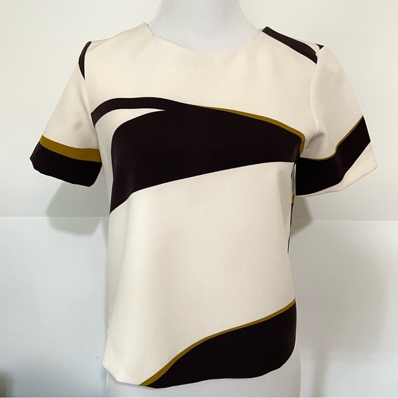 Zara White Creamy Argyle Brown Zebra Lines Short Sleeve Top Size XS - Picture 1 of 10